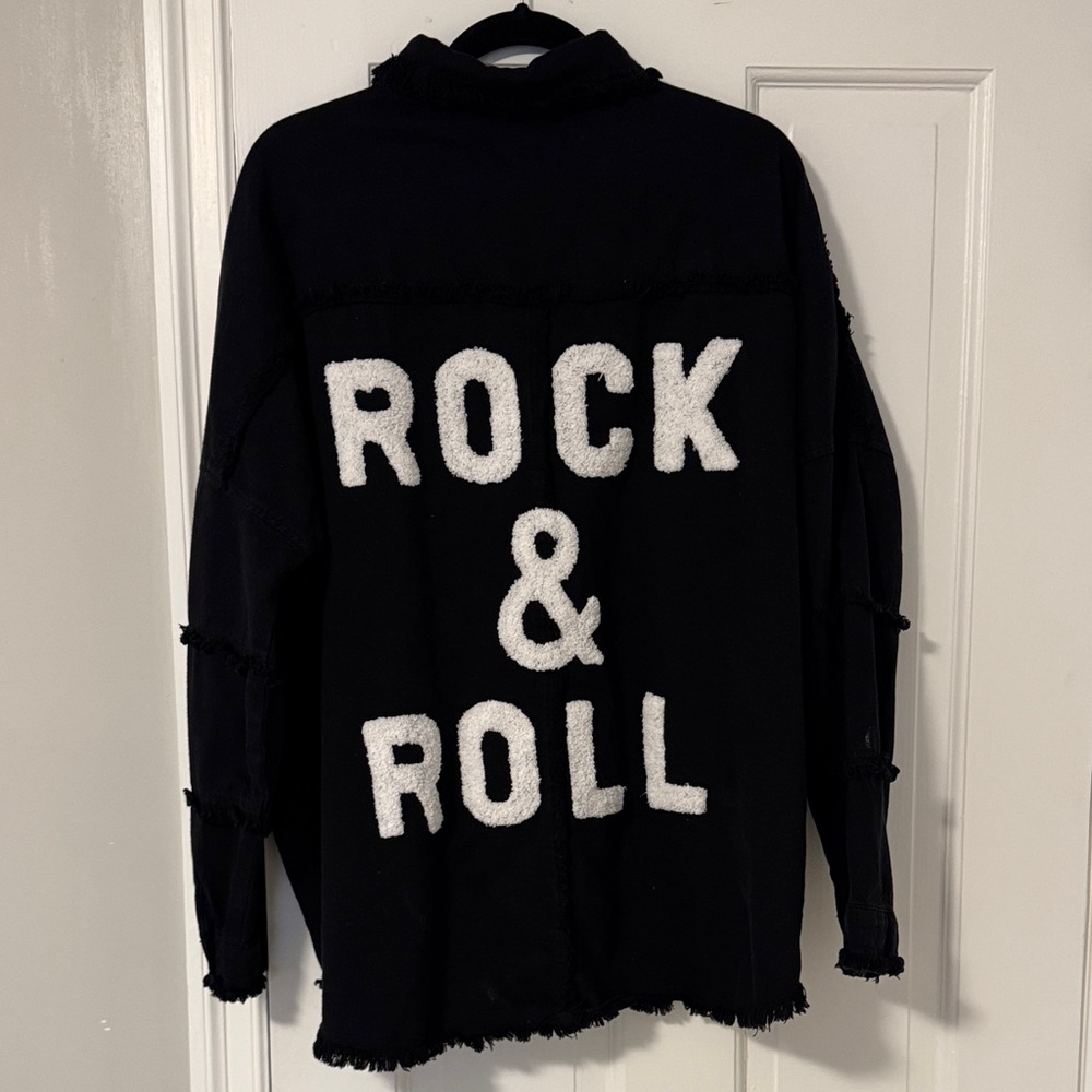 Boutique Black Jean Jacket with White Rock & Roll Text